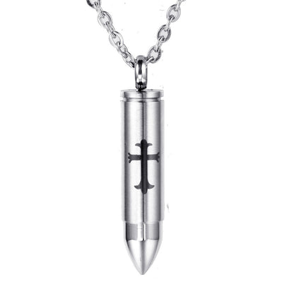 Rockyu 薬ケースネックレス メンズ ステンレス製 弾丸モチーフ 十字架刻印付き