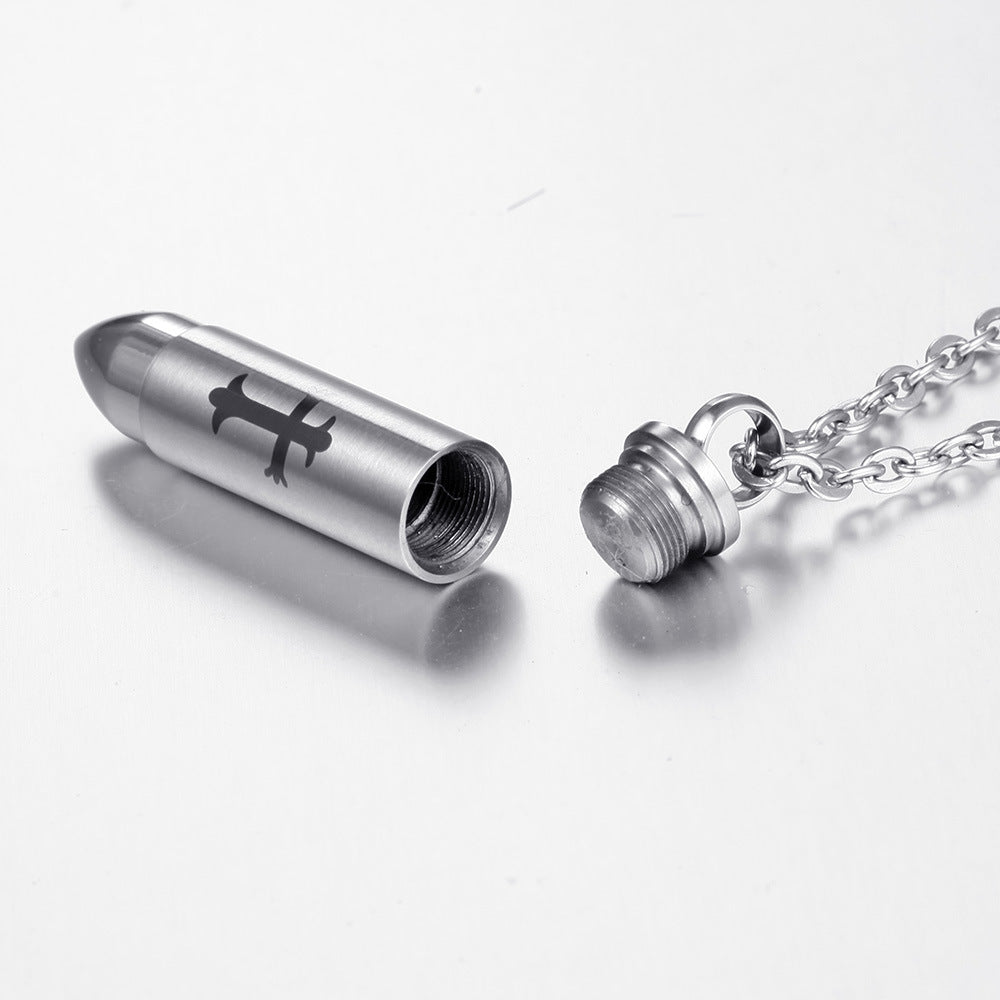 Rockyu 薬ケースネックレス メンズ ステンレス製 弾丸モチーフ 十字架刻印付き