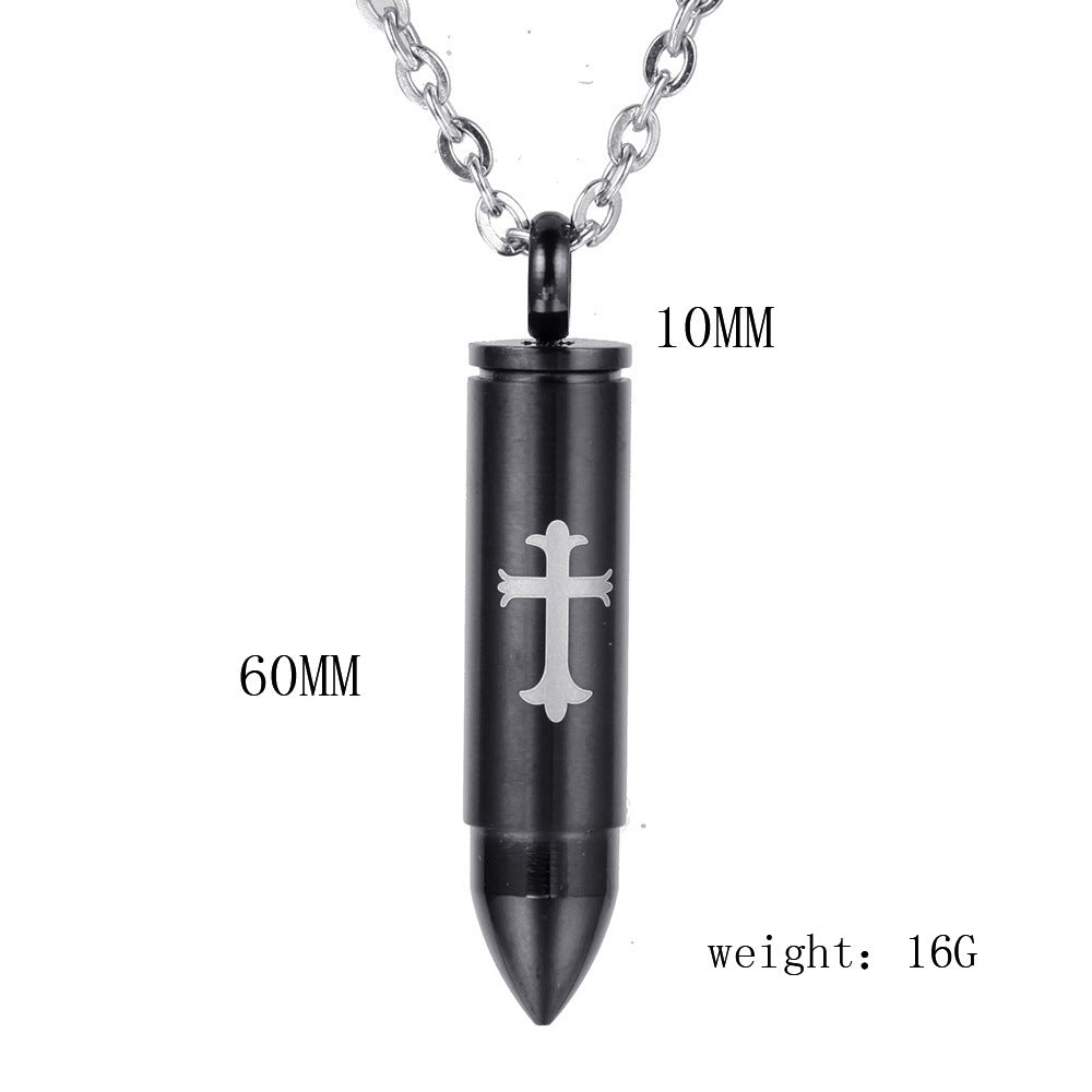 Rockyu 薬ケースネックレス メンズ ステンレス製 弾丸モチーフ 十字架刻印付き