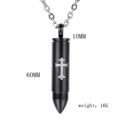 Rockyu 薬ケースネックレス メンズ ステンレス製 弾丸モチーフ 十字架刻印付き