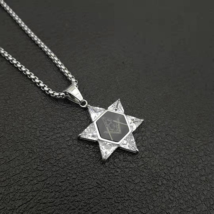 Rockyu 六芒星ジルコニアネックレス｜ダビデの星モチーフ ステンレス製お守りペンダント