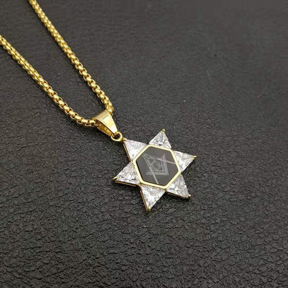 Rockyu 六芒星ジルコニアネックレス｜ダビデの星モチーフ ステンレス製お守りペンダント