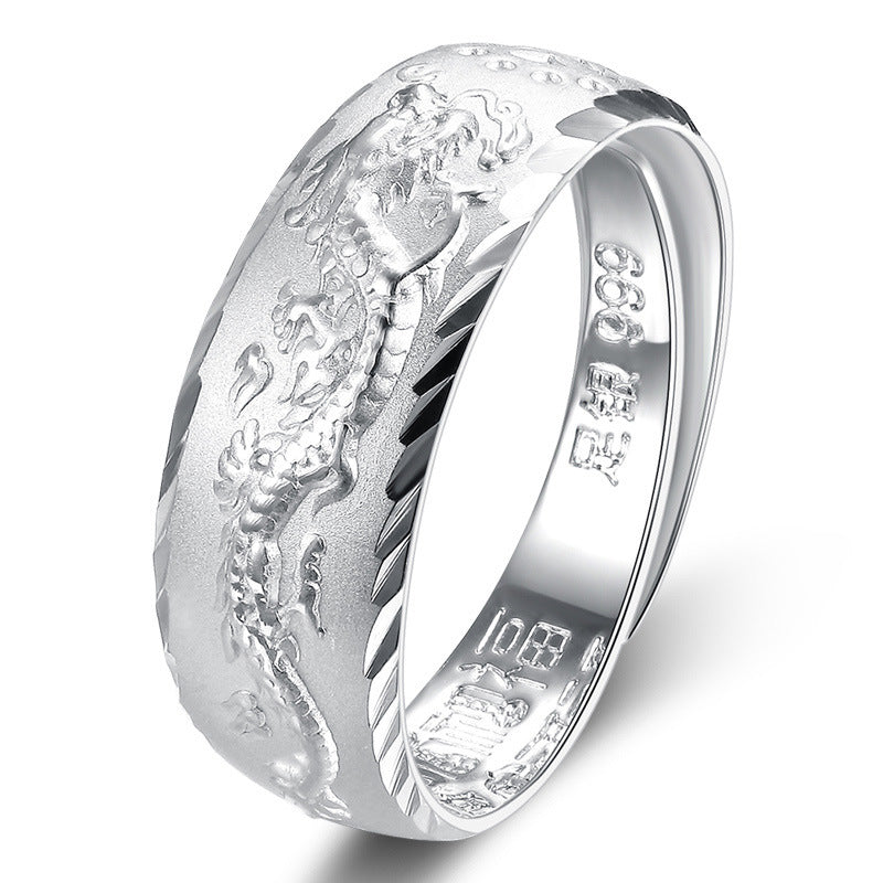 Rockyu シルバー999 指輪 メンズ 龍鳳彫刻 フリーサイズ リング