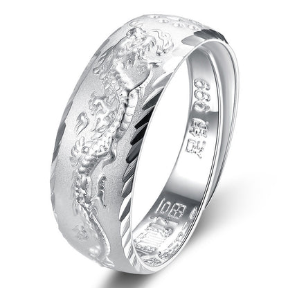 Rockyu シルバー999 指輪 メンズ 龍鳳彫刻 フリーサイズ リング