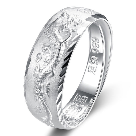 Rockyu シルバー999 指輪 メンズ 龍鳳彫刻 フリーサイズ リング