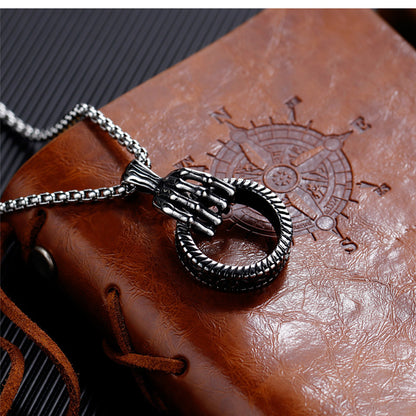 Rockyu ネックレス メンズ ステンレス スカルハンド リングペンダント シルバー ジュエリー