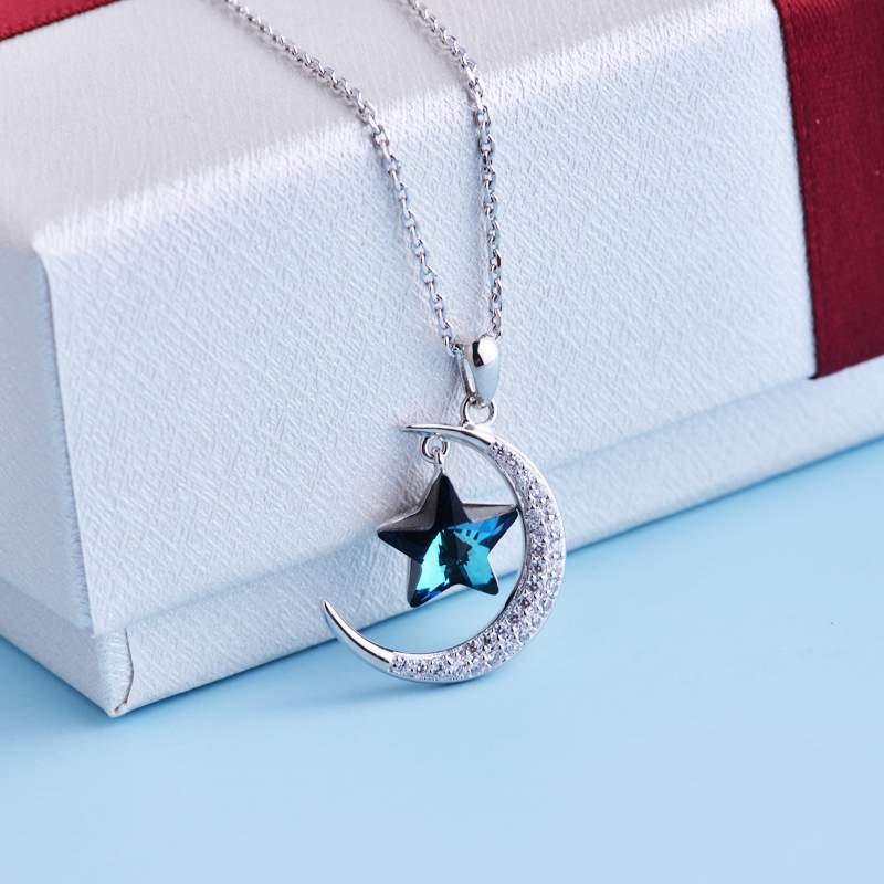 Rockyu 月と星ネックレス レディース シルバー925 アクアマリン風 スター＆ムーンペンダント