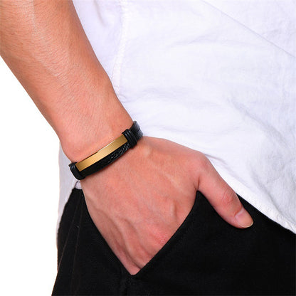 Rockyu ブレスレット メンズ レザー 二重巻き 高光沢ステンレス バングル 20.5cm