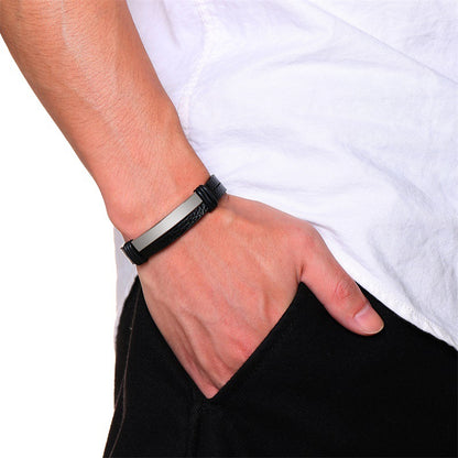 Rockyu ブレスレット メンズ レザー 二重巻き 高光沢ステンレス バングル 20.5cm