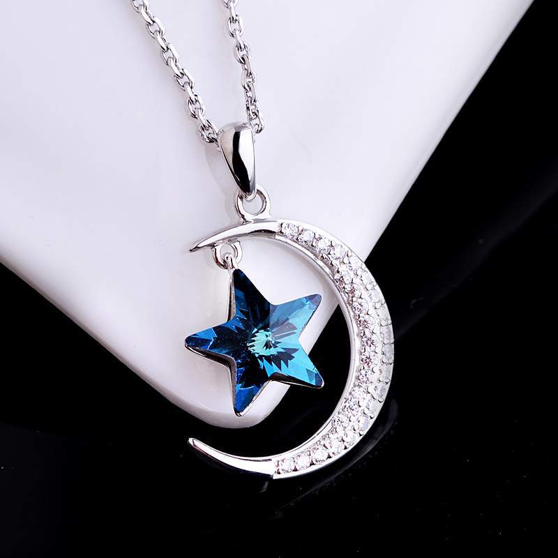 Rockyu 月と星ネックレス レディース シルバー925 アクアマリン風 スター＆ムーンペンダント