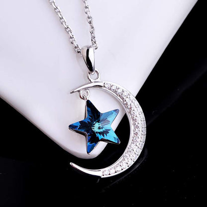 Rockyu 月と星ネックレス レディース シルバー925 アクアマリン風 スター＆ムーンペンダント
