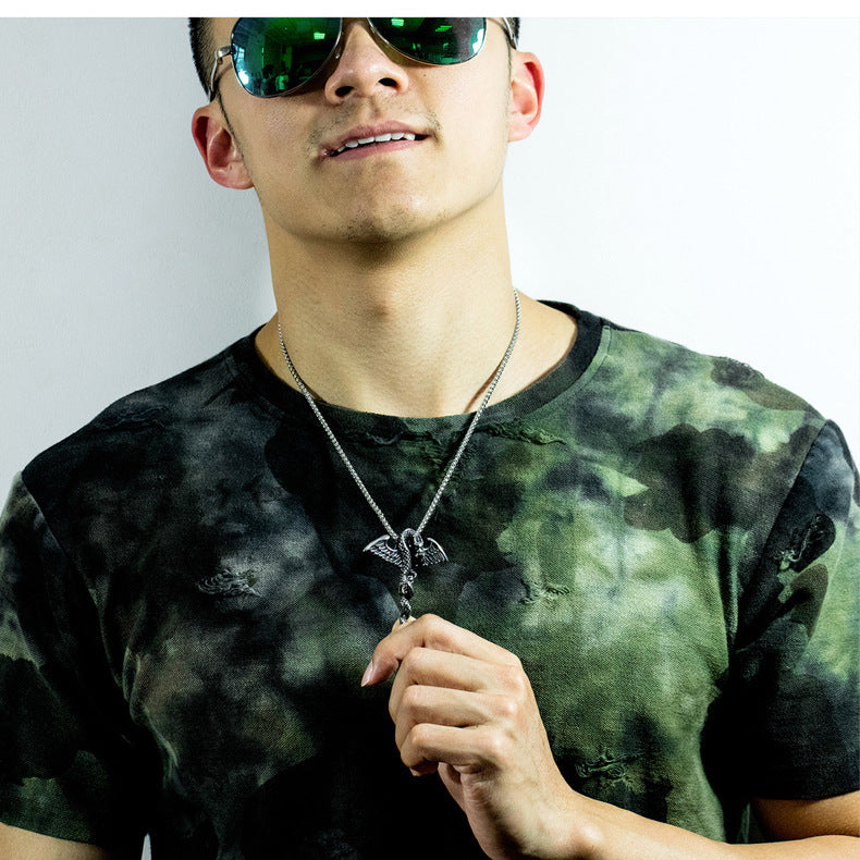 Rockyu ネックレス メンズ チタン ドラゴン 剣 翼 シルバー ゴールド