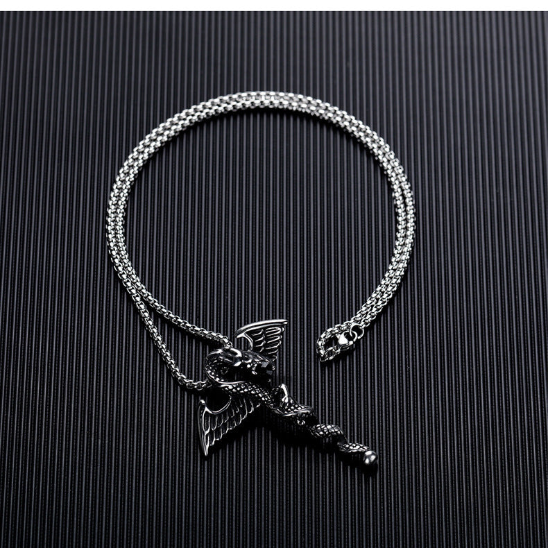 Rockyu ネックレス メンズ チタン ドラゴン 剣 翼 シルバー ゴールド