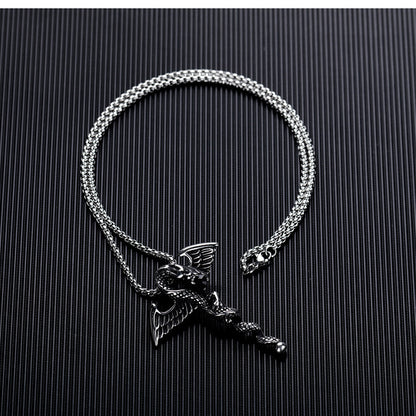 Rockyu ネックレス メンズ チタン ドラゴン 剣 翼 シルバー ゴールド