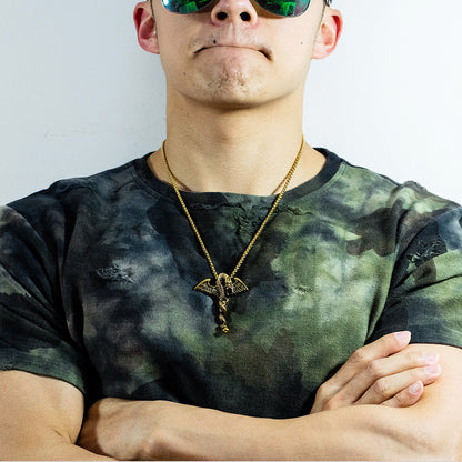 Rockyu ネックレス メンズ チタン ドラゴン 剣 翼 シルバー ゴールド