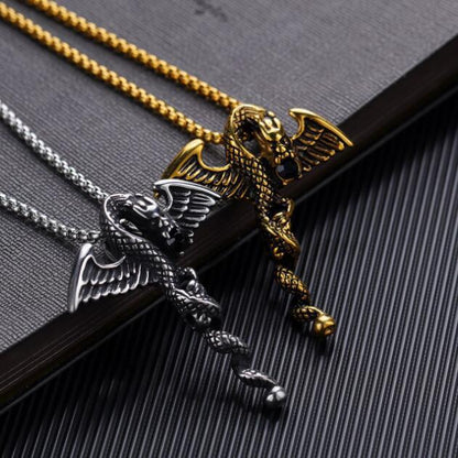 Rockyu ネックレス メンズ チタン ドラゴン 剣 翼 シルバー ゴールド