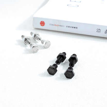 Rockyu ネジ型スタッドピアス メンズ チタン製 ブラック＆シルバー 金属アレルギー対応 スクリューデザイン