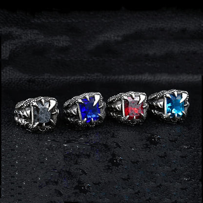 Rockyu ドラゴンクロウリング メンズ 大粒スクエア宝石 ステンレス製