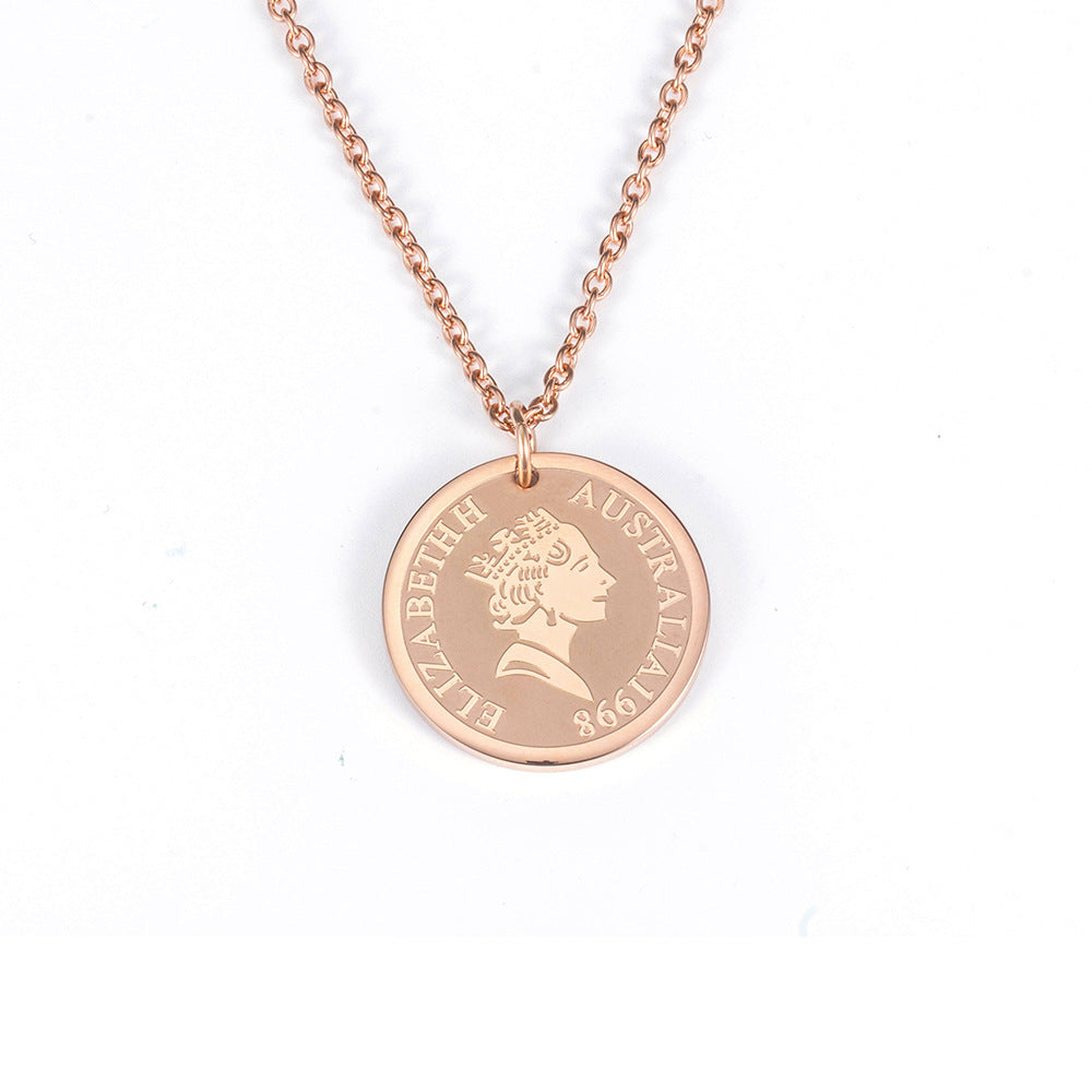 Rockyu ネックレス レディース ゴールド チタン コイン メダルペンダント エリザベス 鎖骨チェーン