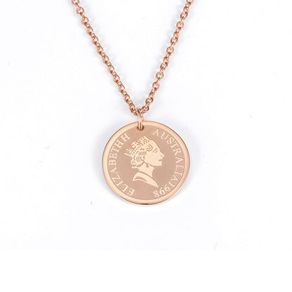 Rockyu ネックレス レディース ゴールド チタン コイン メダルペンダント エリザベス 鎖骨チェーン