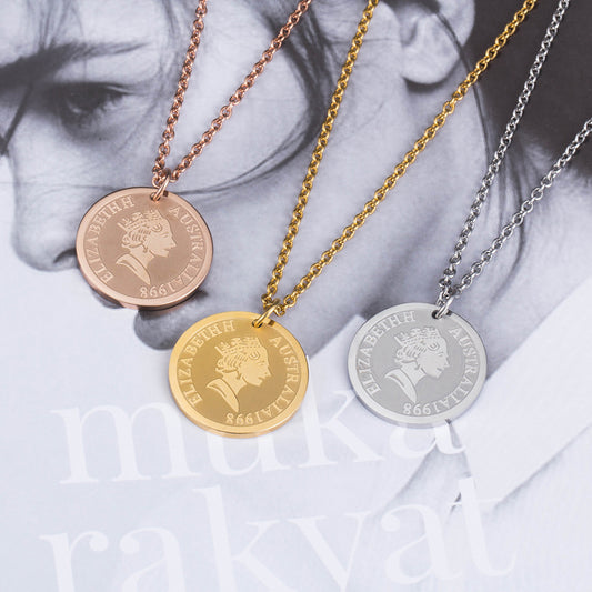 Rockyu ネックレス レディース ゴールド チタン コイン メダルペンダント エリザベス 鎖骨チェーン