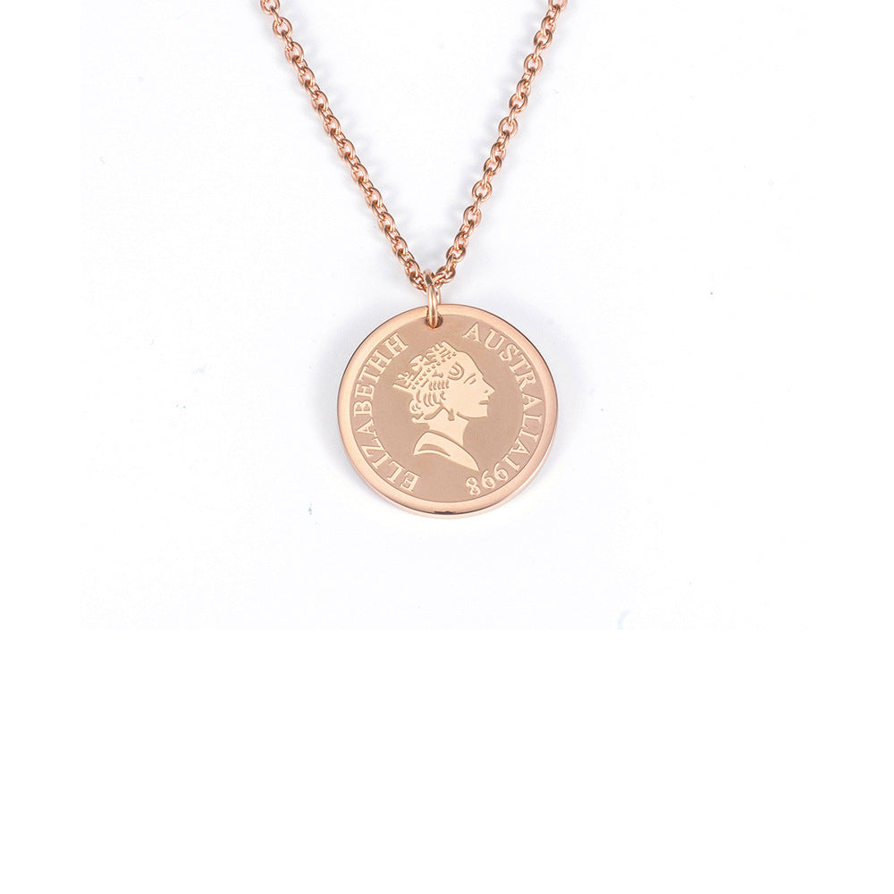 Rockyu ネックレス レディース ゴールド チタン コイン メダルペンダント エリザベス 鎖骨チェーン