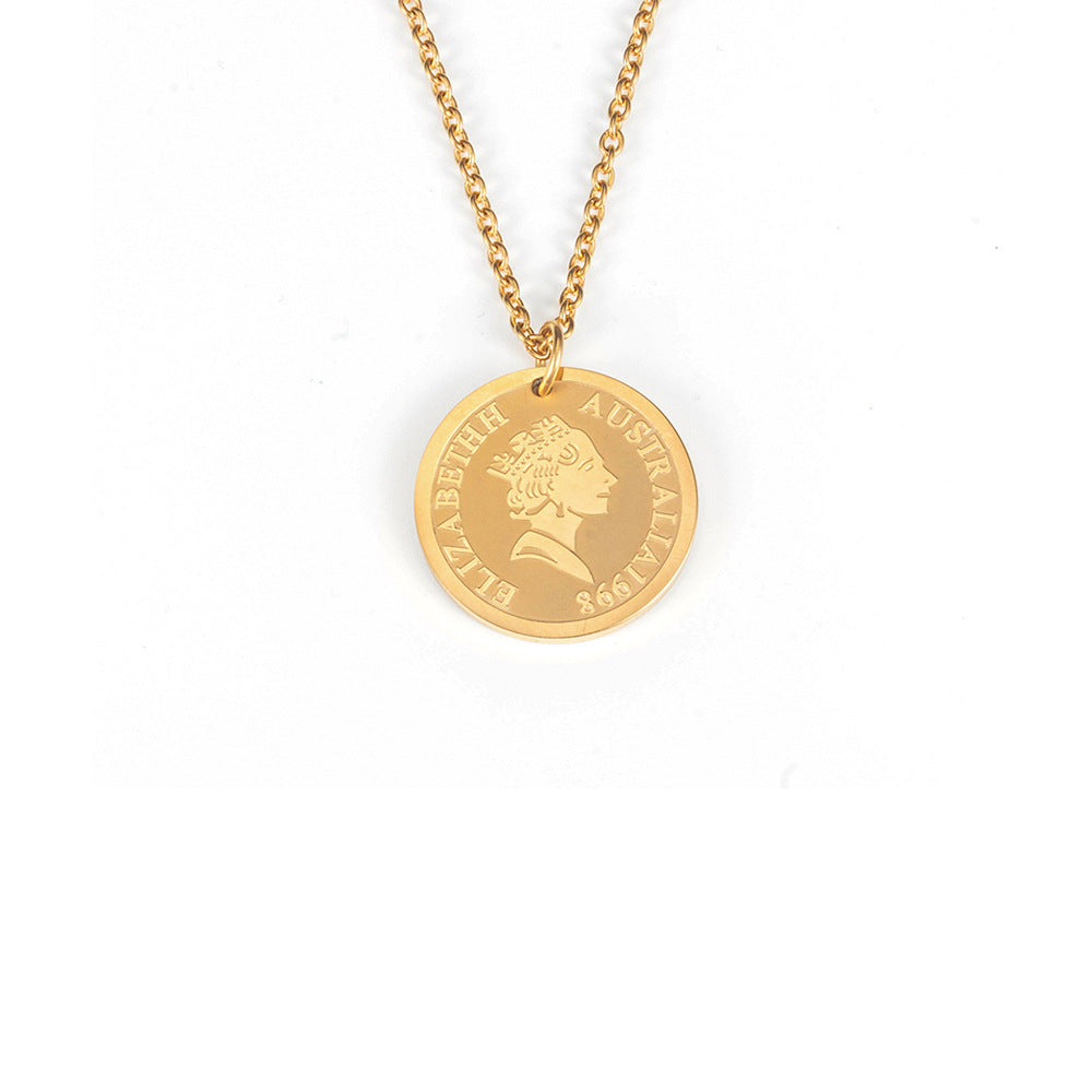 Rockyu ネックレス レディース ゴールド チタン コイン メダルペンダント エリザベス 鎖骨チェーン