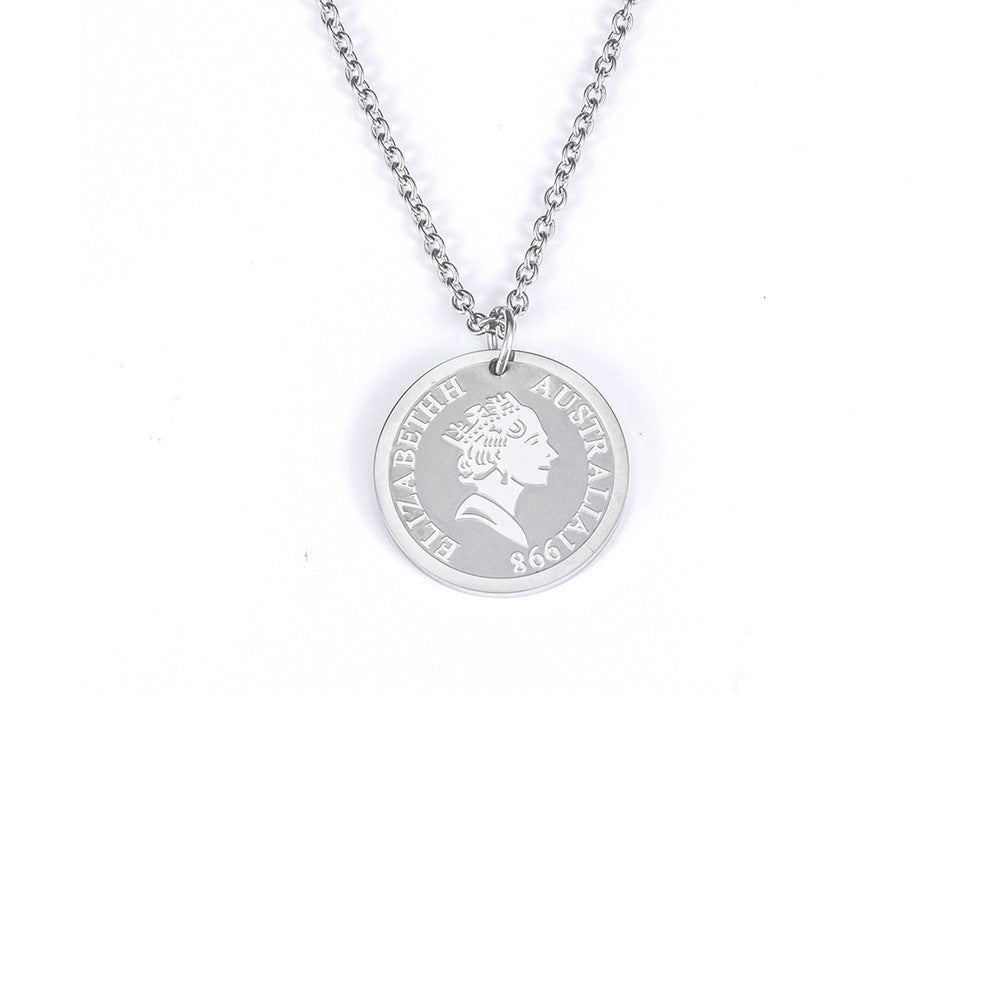 Rockyu ネックレス レディース ゴールド チタン コイン メダルペンダント エリザベス 鎖骨チェーン