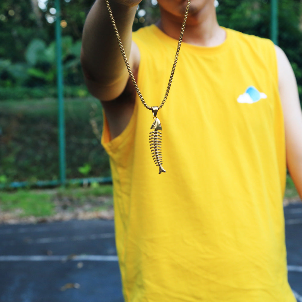 Rockyu 魚骨ネックレス メンズ サージカルステンレス製 3色展開 ベネチアンチェーン