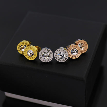 Rockyu レディースピアス ステンレス製 一粒ダイヤ＆ローマ数字刻印 スタッドタイプ