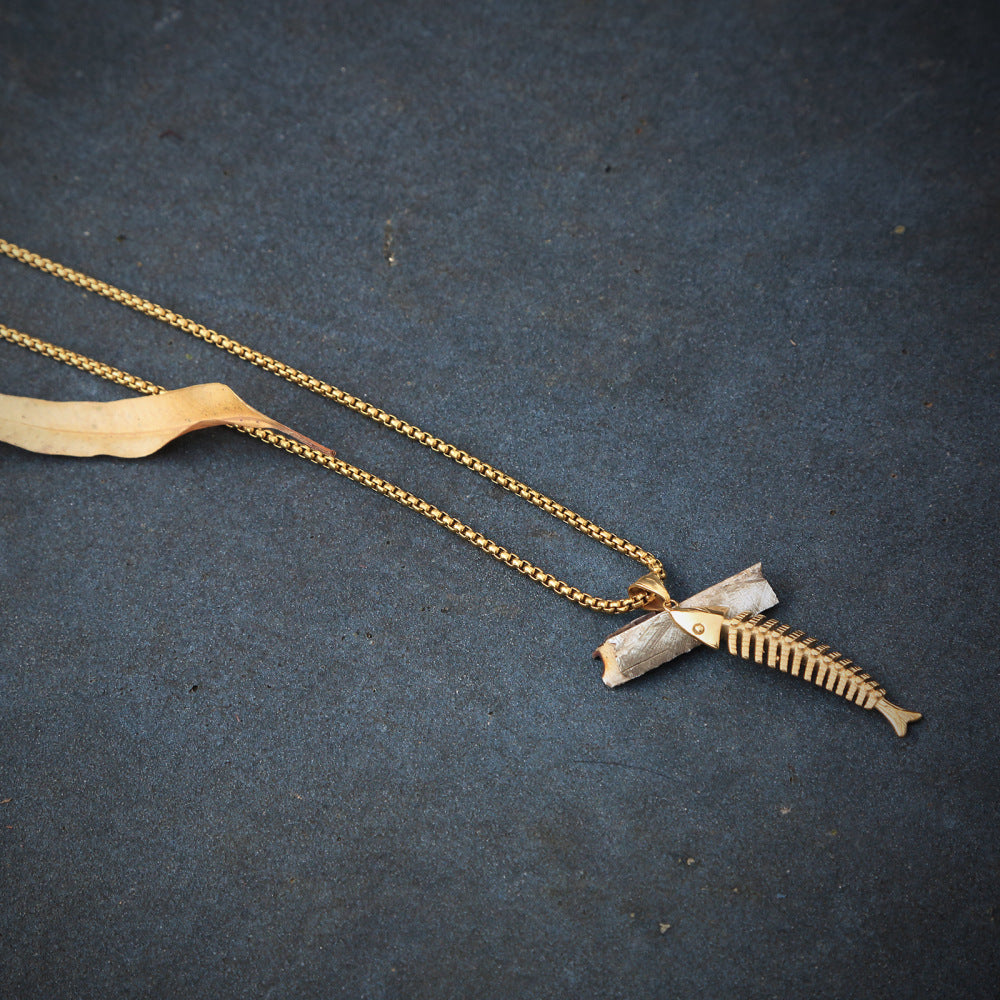 Rockyu 魚骨ネックレス メンズ サージカルステンレス製 3色展開 ベネチアンチェーン