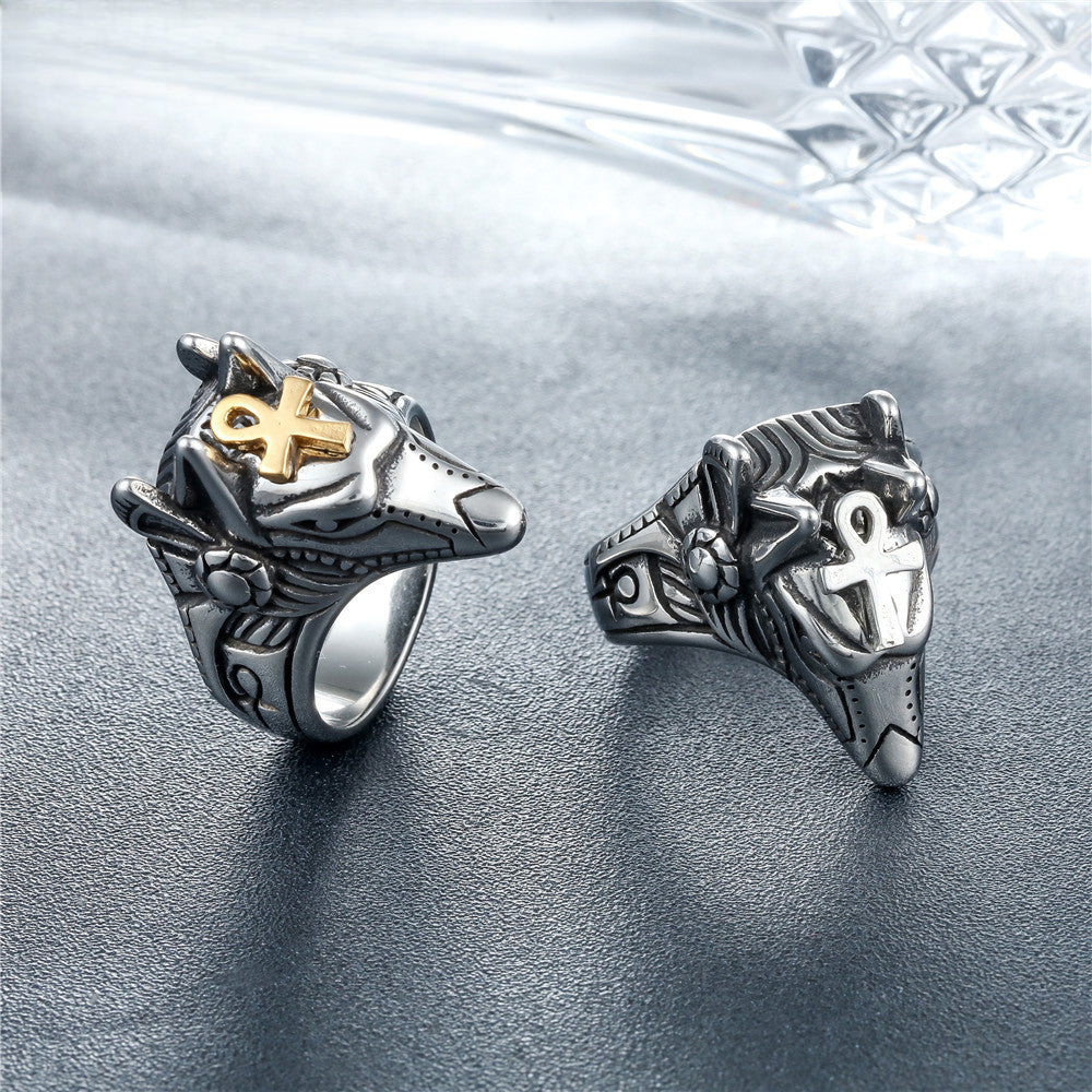 Rockyu メンズ ウルフヘッドリング アンク十字付き シルバー チタン風デザイン