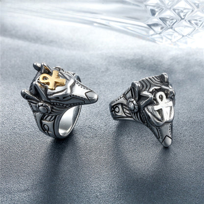 Rockyu メンズ ウルフヘッドリング アンク十字付き シルバー チタン風デザイン