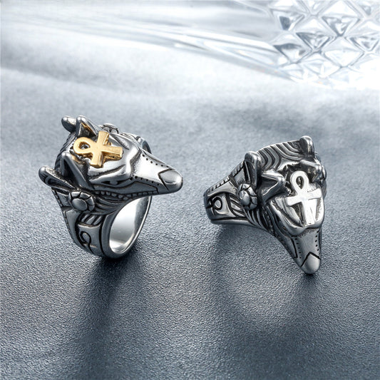 Rockyu メンズ ウルフヘッドリング アンク十字付き シルバー チタン風デザイン