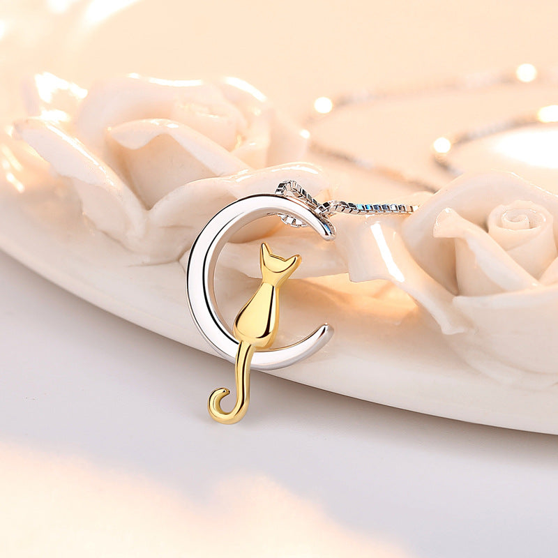 Rockyu 月と猫のネックレス レディース シルバー925 ゴールドアクセント ペンダント 40+5cm/45+5cm