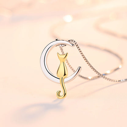 Rockyu 月と猫のネックレス レディース シルバー925 ゴールドアクセント ペンダント 40+5cm/45+5cm