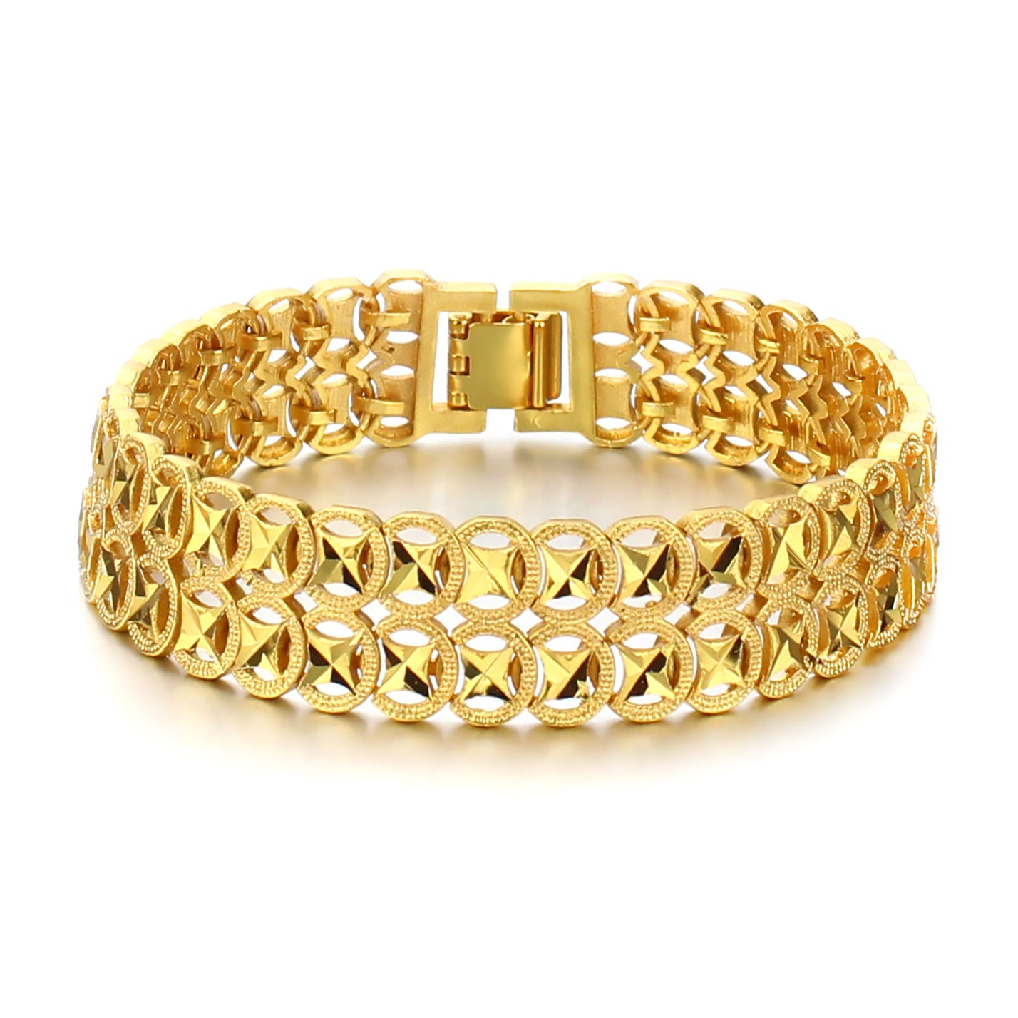 Rockyu 18Kゴールドプレート 幅広メンズブレスレット ステンレス風 豪華デザイン