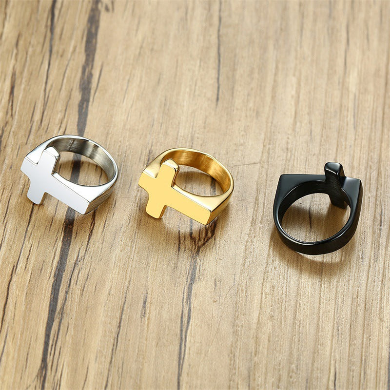 Rockyu メンズリング クロスモチーフ ブラックステンレス 十字架デザイン指輪