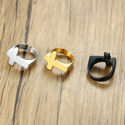 Rockyu メンズリング クロスモチーフ ブラックステンレス 十字架デザイン指輪