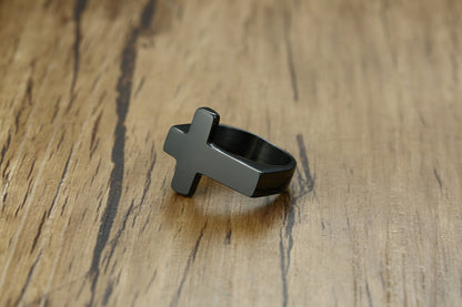 Rockyu メンズリング クロスモチーフ ブラックステンレス 十字架デザイン指輪