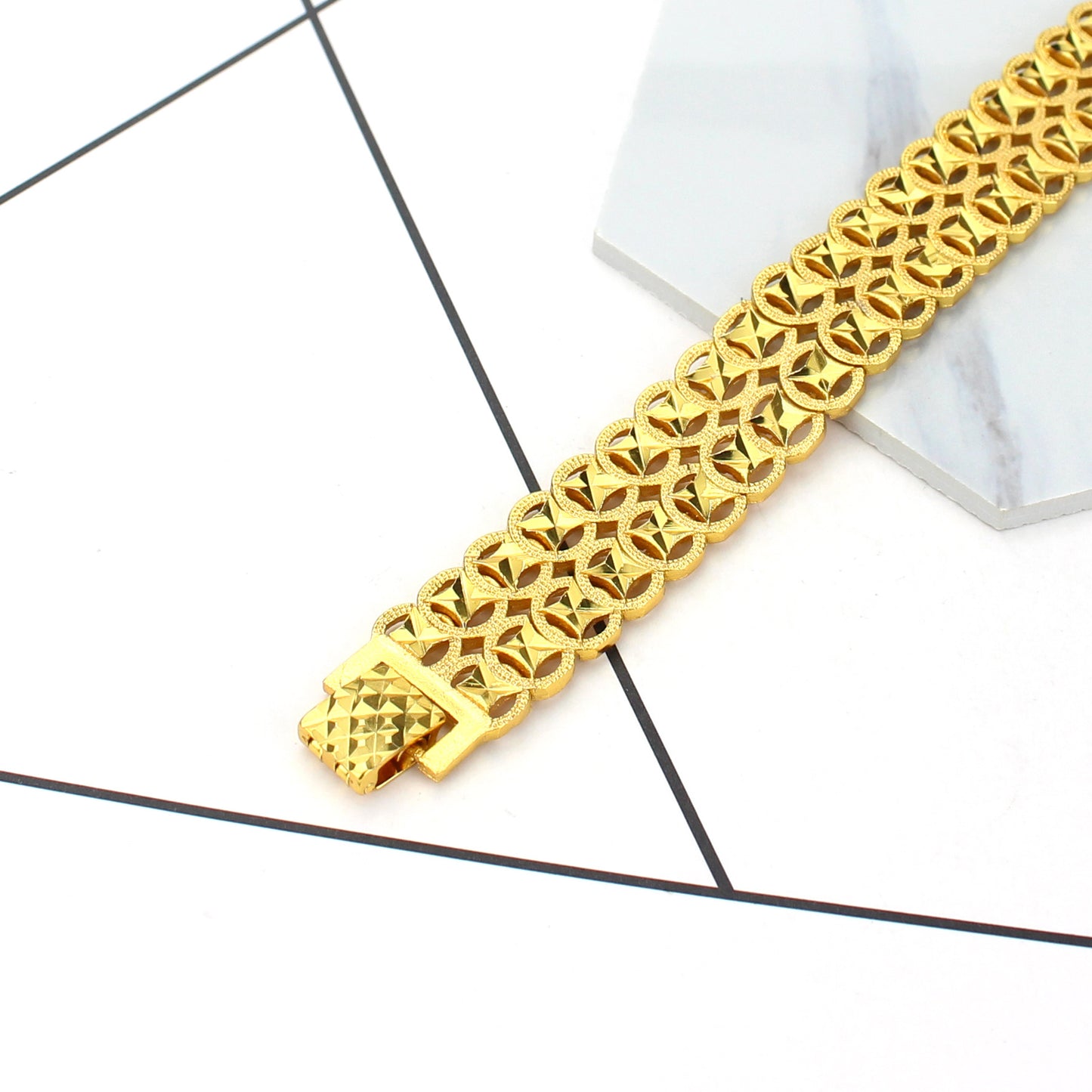 Rockyu 18Kゴールドプレート 幅広メンズブレスレット ステンレス風 豪華デザイン