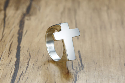 Rockyu メンズリング クロスモチーフ ブラックステンレス 十字架デザイン指輪