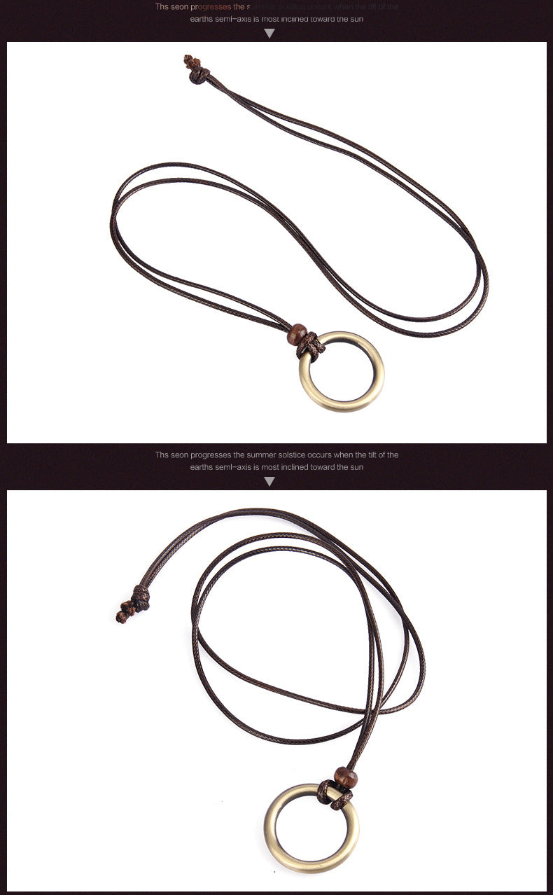 Rockyu リングペンダントネックレス｜レザー調紐＆真鍮風リング メンズロングタイプ