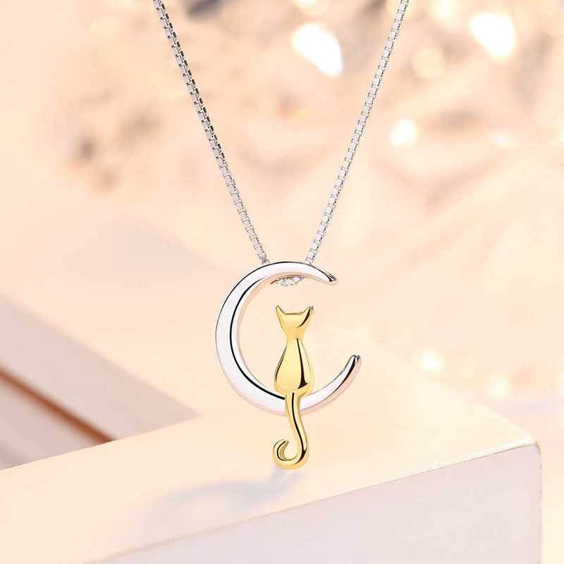 Rockyu 月と猫のネックレス レディース シルバー925 ゴールドアクセント ペンダント 40+5cm/45+5cm