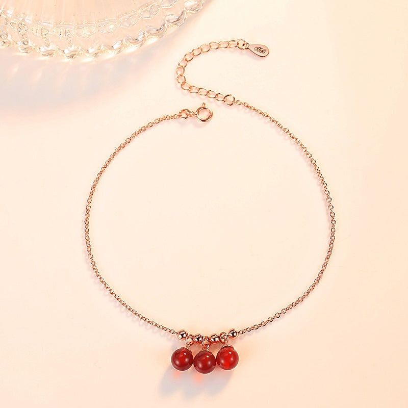 Rockyu アンクレット レディース 18金仕上げ レッドボール付き 細身チェーン 調整可能