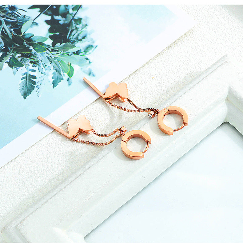 Rockyu レディースピアス ピンクゴールド 蝶モチーフ ロングチェーン スティックデザイン 揺れる 軽量 アレルギー対応