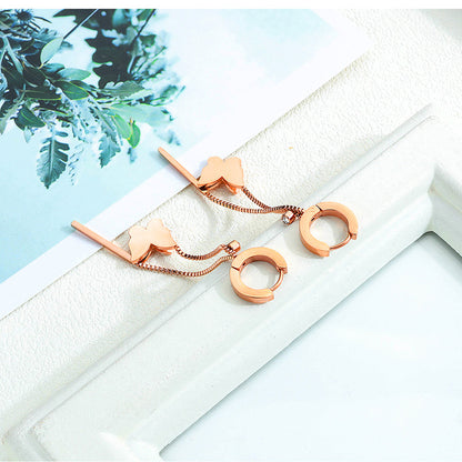 Rockyu レディースピアス ピンクゴールド 蝶モチーフ ロングチェーン スティックデザイン 揺れる 軽量 アレルギー対応