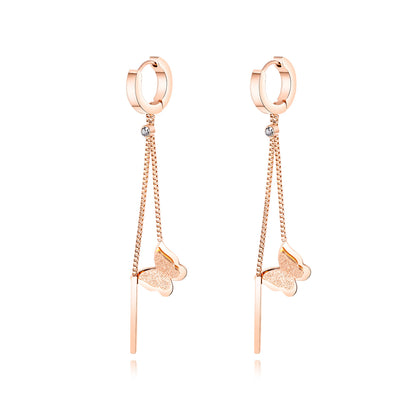 Rockyu レディースピアス ピンクゴールド 蝶モチーフ ロングチェーン スティックデザイン 揺れる 軽量 アレルギー対応