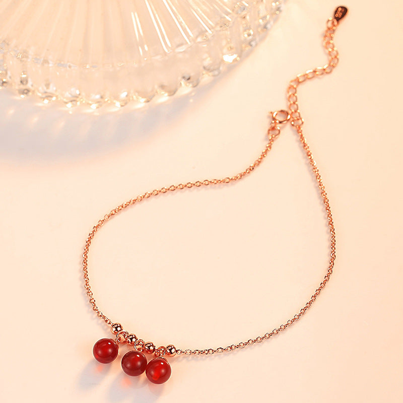 Rockyu アンクレット レディース 18金仕上げ レッドボール付き 細身チェーン 調整可能