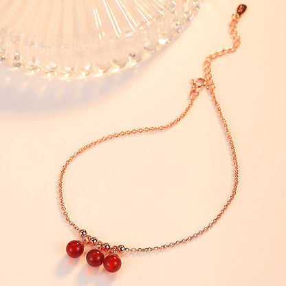 Rockyu アンクレット レディース 18金仕上げ レッドボール付き 細身チェーン 調整可能